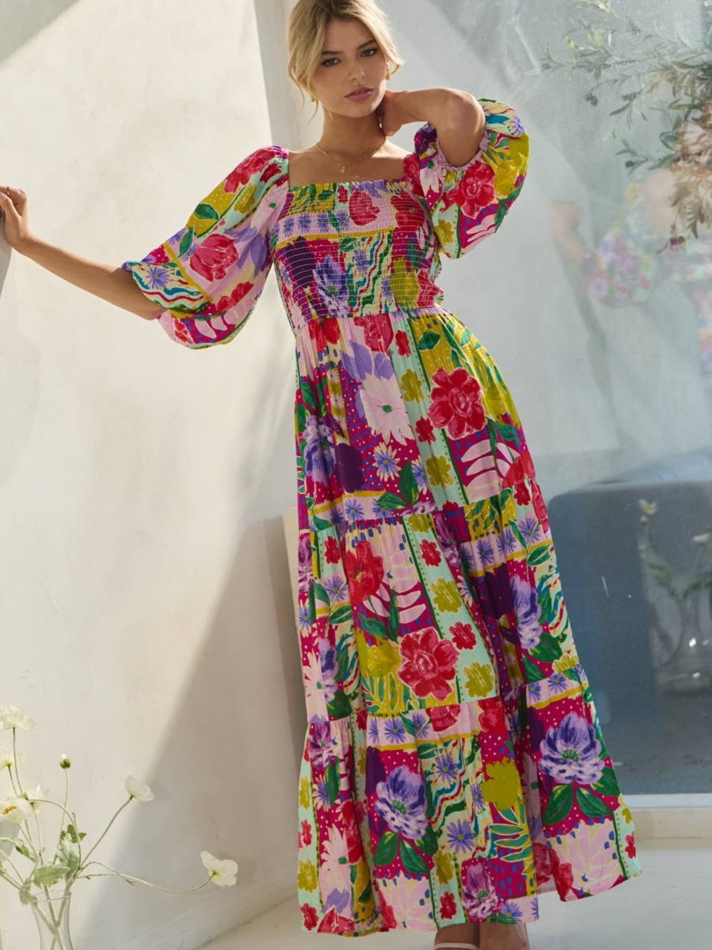 NWT Smocked Square Neck Floral Maxi Dress in Multi